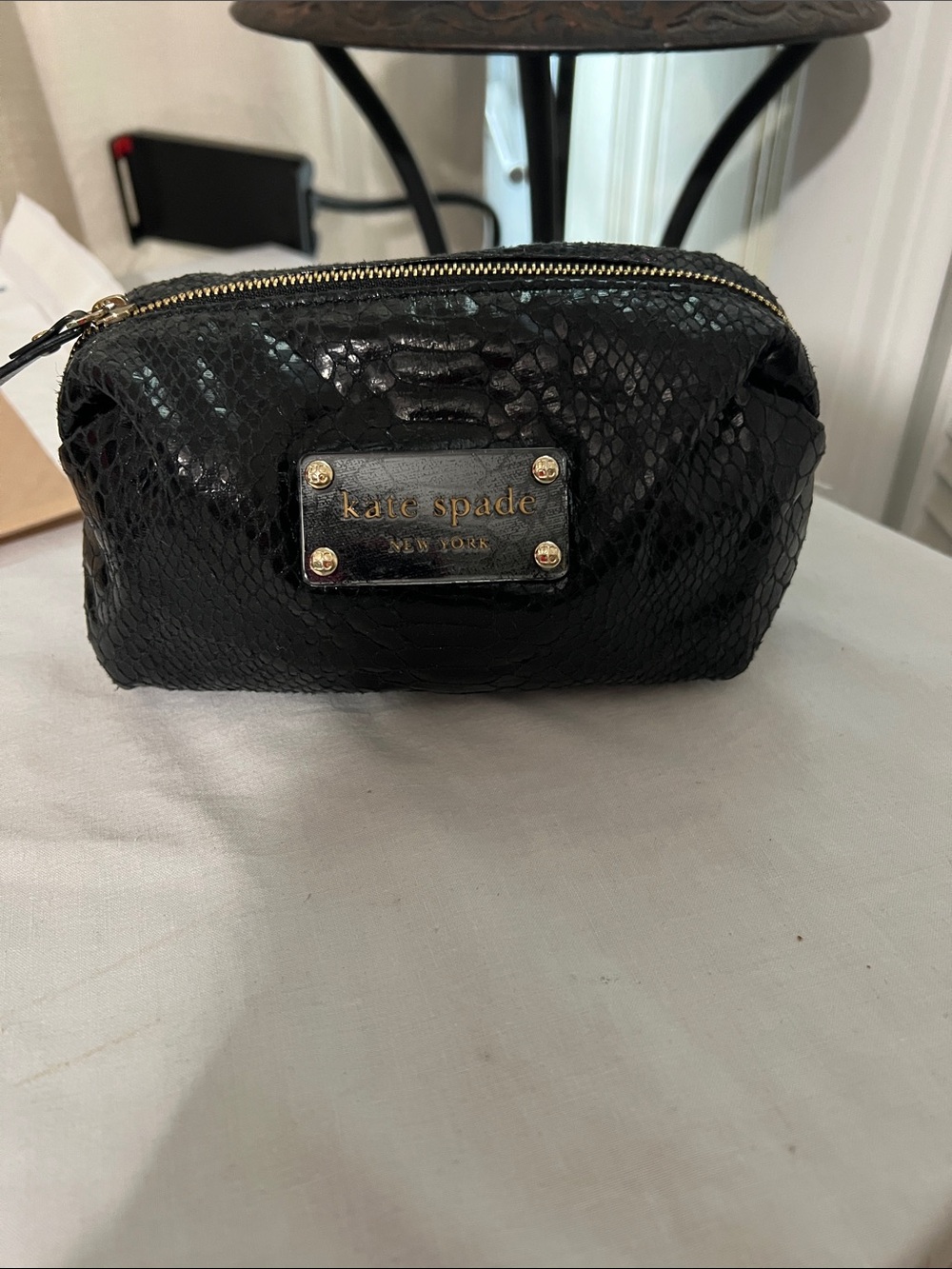 kate spade Black Embossed Snake-Effect Cosmetic Pouch with Gold Plaque